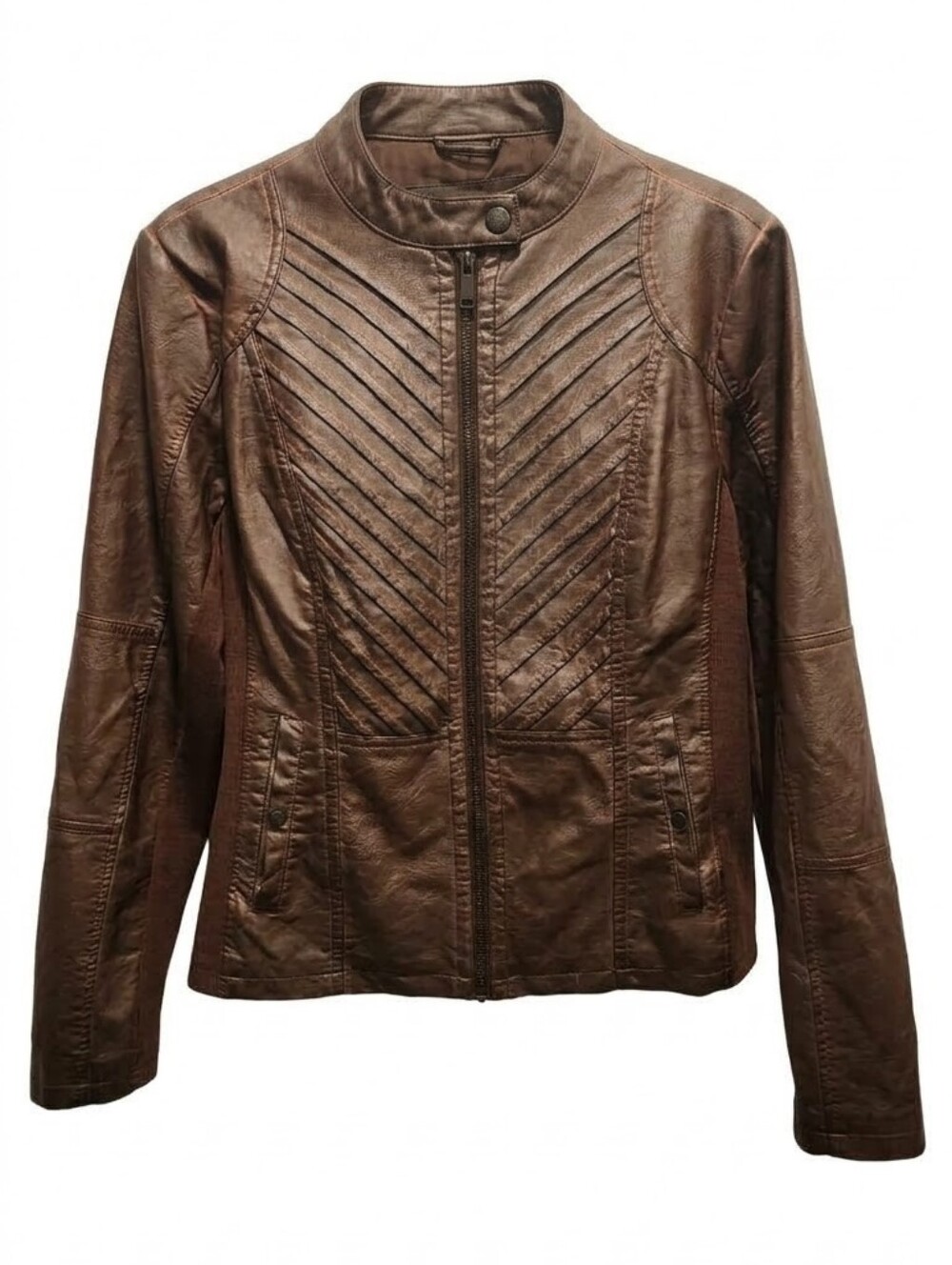 Maurices Brown Faux Leather Pleated Front Moto Jacket Size Large